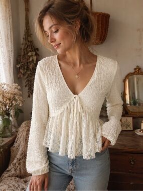 Promesa Cream Lace-Trim Tie Front Peplum Top